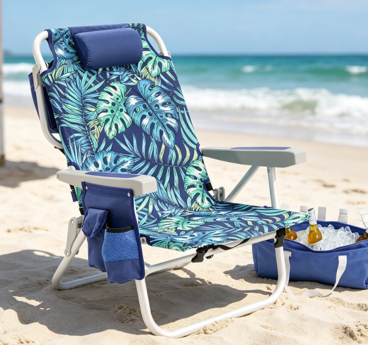 Low-Profile 5-Position Reclining Backpack Chair with Cooler Bag and Cup Holder