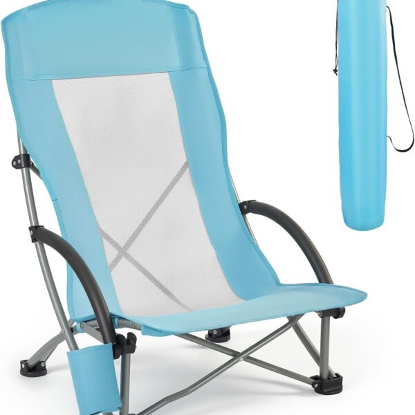 High-Back Folding Chair With Mesh And Cup Holder