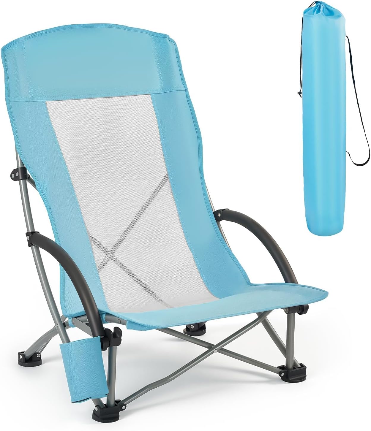 High-Back Folding Chair With Mesh And Cup Holder